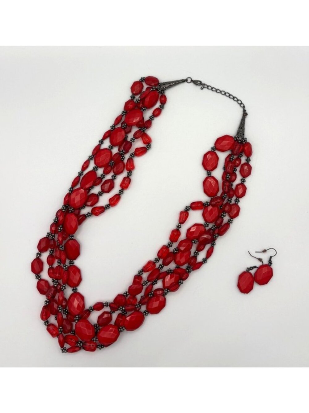 Dramatic Six Strand Red Beaded Necklace & Matching Earrings Set 12" Long